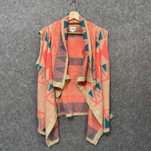 b SHARP Boho Womens Geometric Pattern Knit Open Front Vest Cardigan Teal Beige L